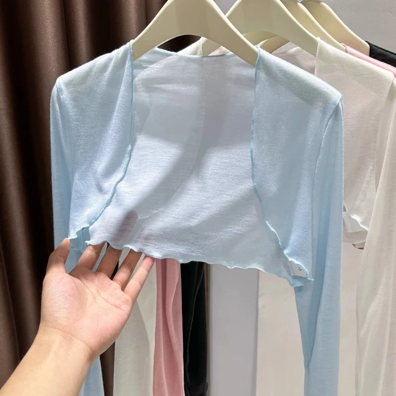 防晒开衫薄款女夏季配吊带裙外搭蓝色木耳边针织短款长袖罩衫上衣