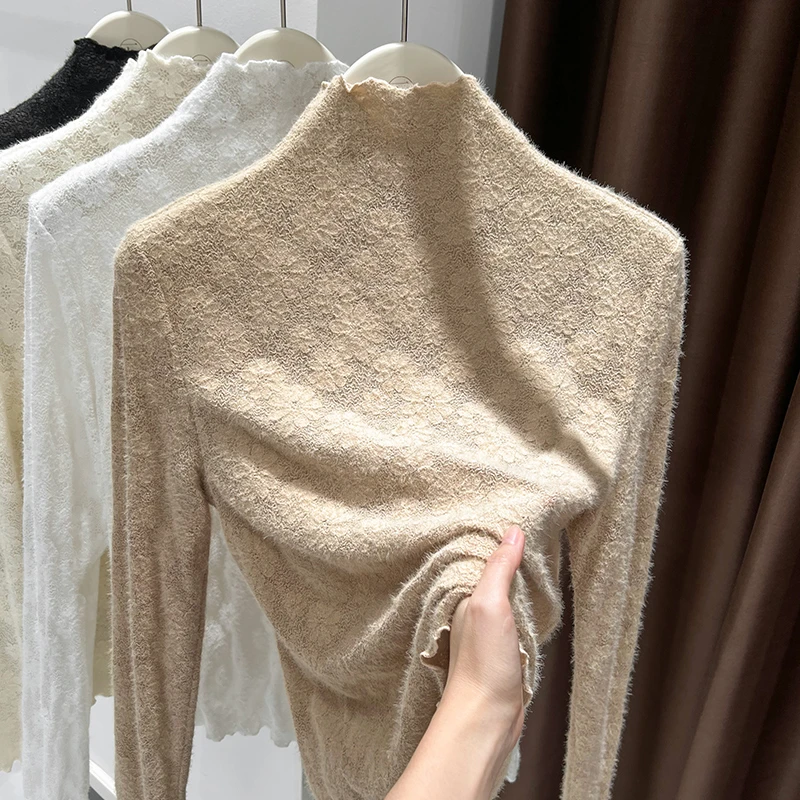 半高领蕾丝打底衫女秋冬季毛衣内搭显瘦高级感木耳边长袖网纱上衣