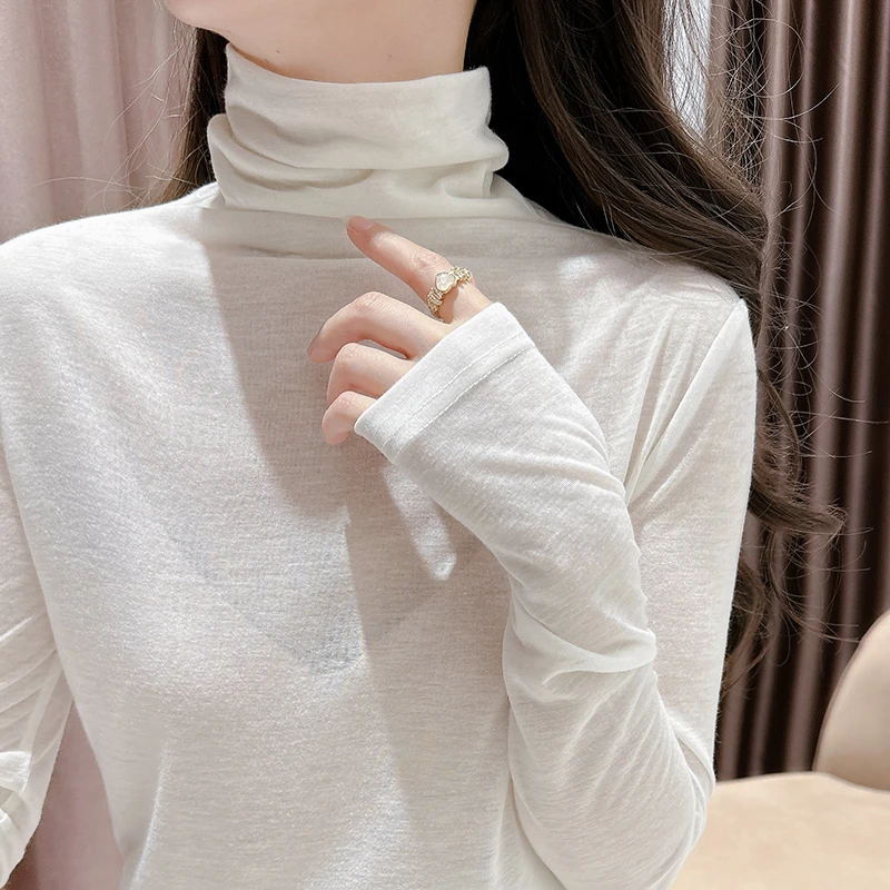 2025秋季高级感内搭打底T恤白色上衣堆堆高领长袖修身薄透针织衫