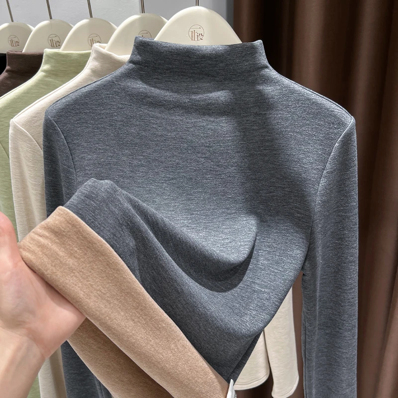 灰色德绒半高领针织衫长袖上衣女修身2025秋冬新款内搭保暖打底衫