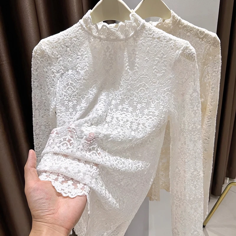 白色花边立领蕾丝打底衫秋冬气质镂空微透长袖打底衫内搭修身上衣