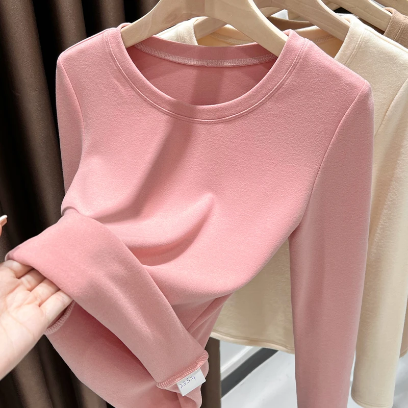 粉色双面澳绒加厚保暖打底衫女秋冬新款圆领正肩内搭修身长袖上衣
