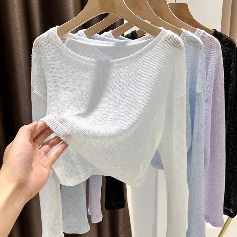 白色冰丝防晒衫罩衫女爆款2025新款秋季长袖T恤女吊带裙外搭上衣