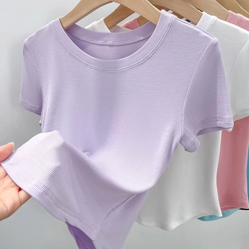 正肩短袖t恤女夏季薄款时尚透气修身打底衫半袖高腰流行短款上衣