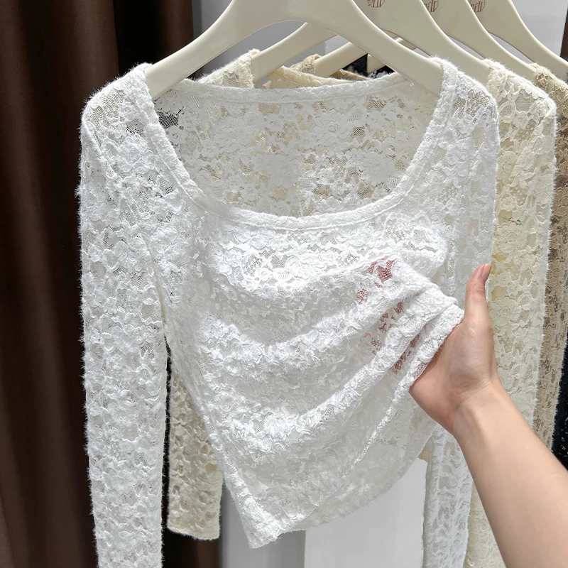 软糯磨毛透视镂空蕾丝长袖大领口露锁骨性感上衣女秋冬爆款打底衫