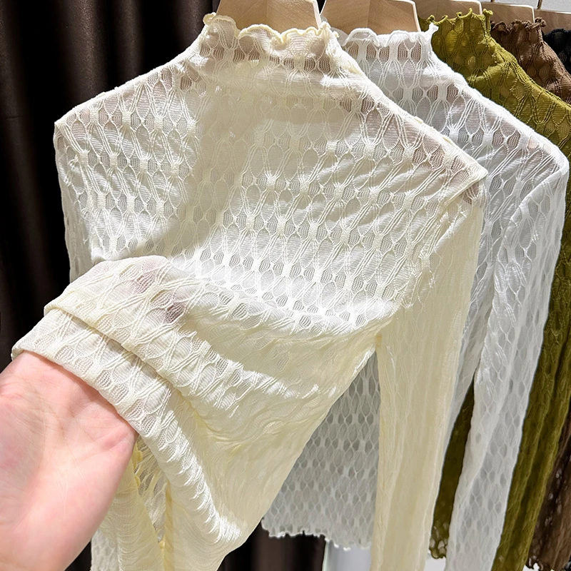 菱形格设计内搭长袖杏色半高领上衣女2024秋季薄透网纱蕾丝打底衫