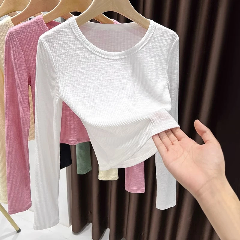 白色竹节棉短款长袖上衣薄圆领高级感正肩微透内搭T恤打底针织衫