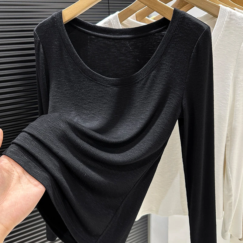 黑色圆领长袖修身T恤女秋季薄款纯色显瘦内搭打底衫百搭洋气上衣