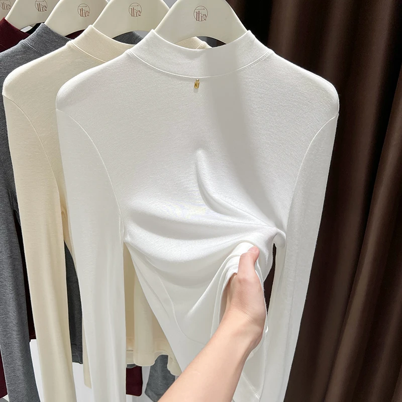 半高领长袖白色针织打底衫修身上衣女秋季修身内搭薄款设计感T恤