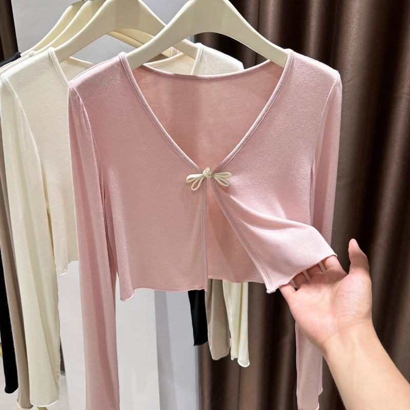 V领盘扣软糯开衫女夏季外搭长袖坎肩罩衫超弹皮肤衣外套薄款上衣
