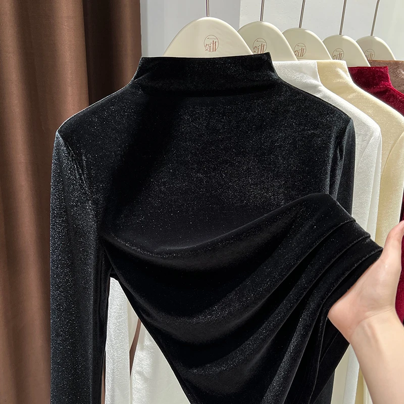 黑色半高领丝绒T恤打底衫上衣女秋冬设计感修身洋气高档正肩内搭