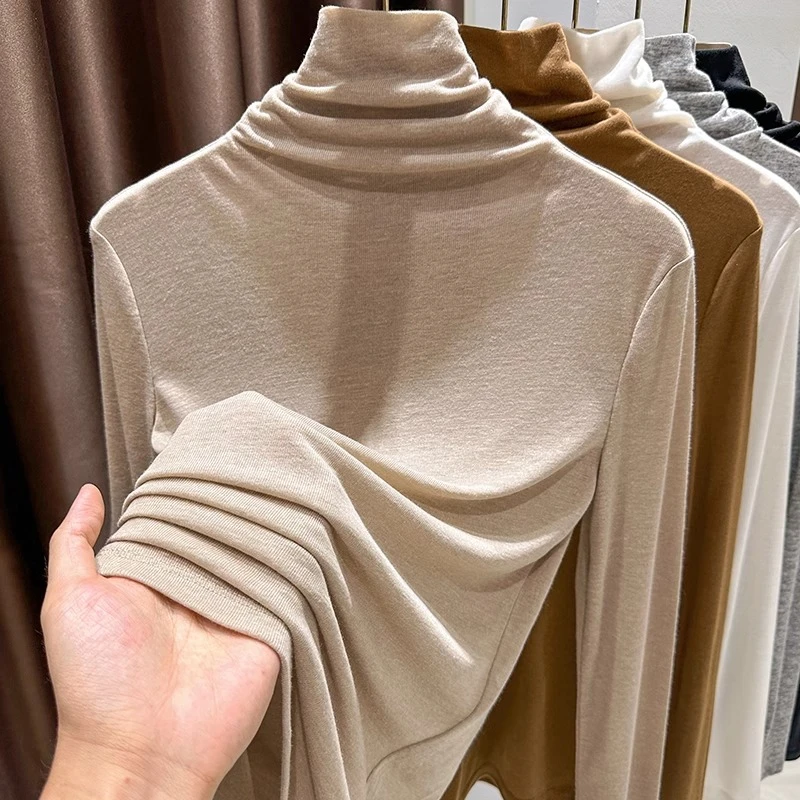 卡其色长袖堆堆领上衣女秋冬季内搭修身显瘦设计感高领保暖打底衫