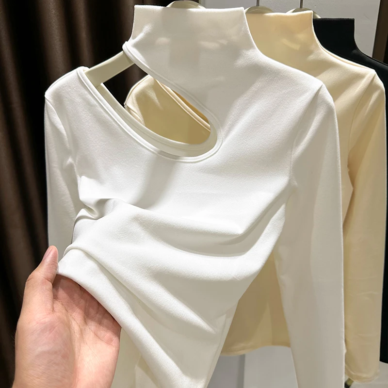纯欲白色性感长袖T恤女秋冬新款镂空露锁骨修身半高领打底衫上衣