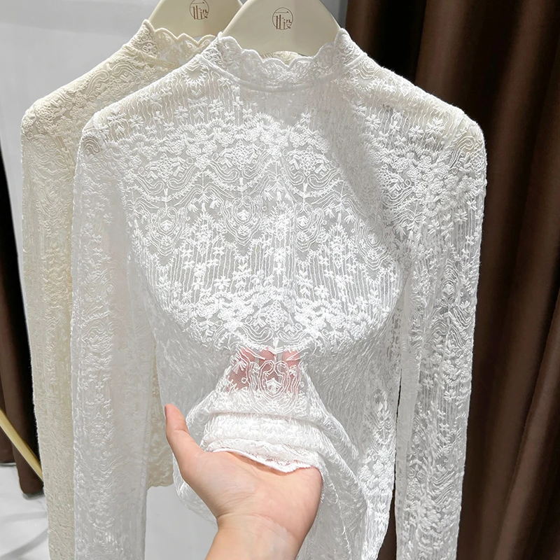 秋冬内搭长袖白色网纱镂空打底衫上衣女2025花边半高领修身蕾丝衫