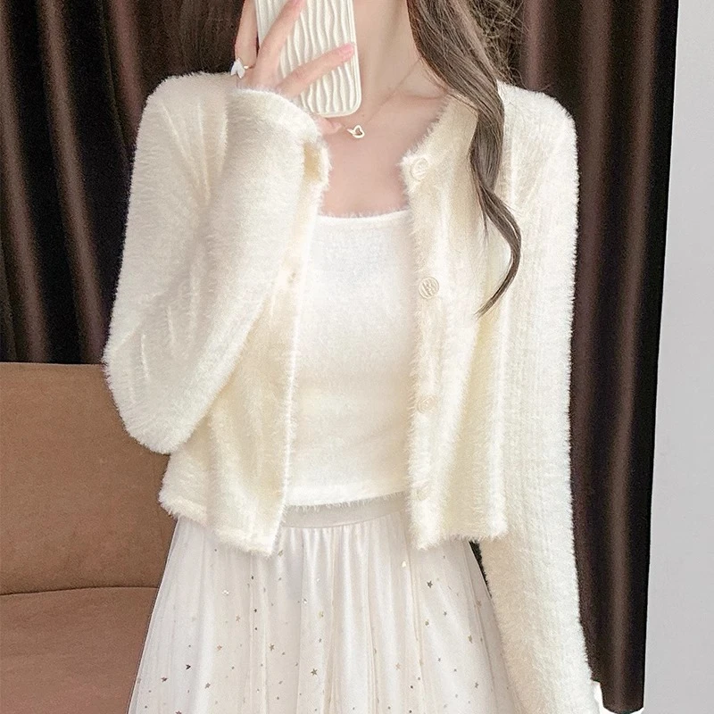 杏色水貂绒毛衣开衫外套女秋季新款长袖小香风毛绒绒短款针织上衣