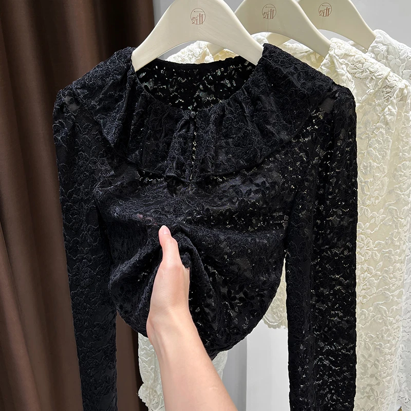 黑色娃娃领荷叶边蕾丝打底衫女爆款2024新款秋冬长袖洋气内搭上衣