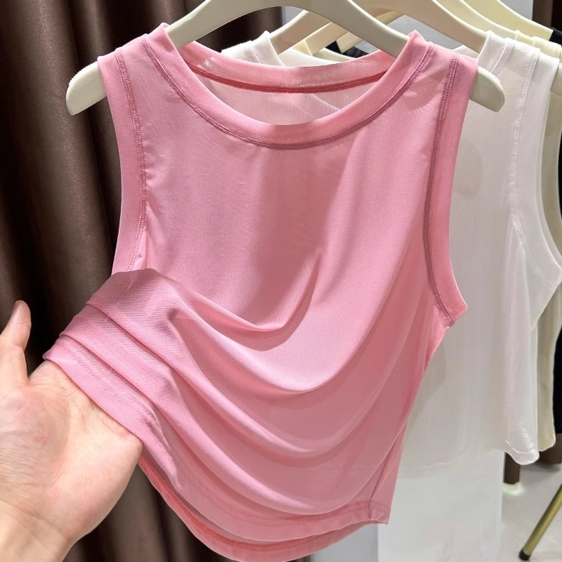 粉色无袖背心女爆款2025新款夏季冰丝网纱薄款上衣圆领正肩打底衫