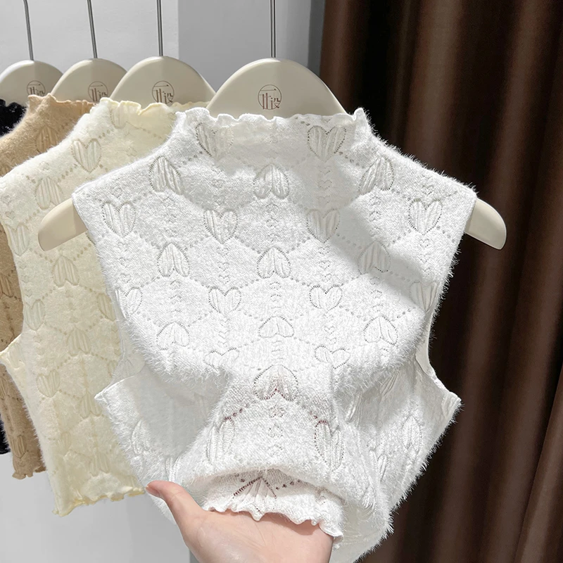 蕾丝半高领无袖打底衫女秋冬季2025白色新款内搭爱心磨毛假领背心