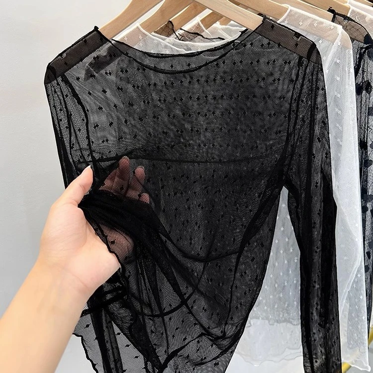 白色圆领网纱蕾丝打底衫女爆款2025新款秋季薄款高档长袖内搭上衣