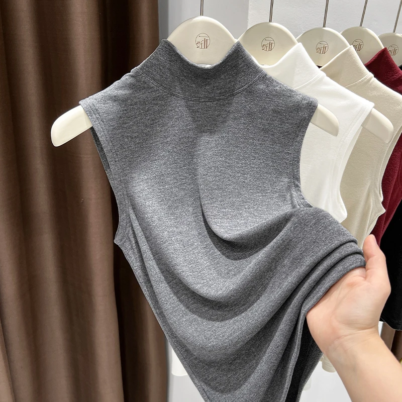 灰色半高领无袖背心修身显瘦气质打底衫秋冬双面磨毛德绒内搭上衣