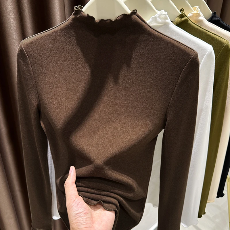 咖色内搭磨毛长袖打底衫上衣女秋冬季木耳半高领正肩保暖德绒上衣