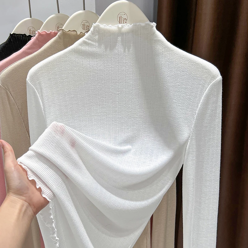 白色基础款针织半高领打底衫女爆款2024新款秋冬木耳边内搭上衣