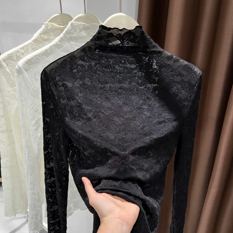 半高领木耳边下摆打底衫女2025秋季蕾丝提花薄透网纱亲肤软糯上衣