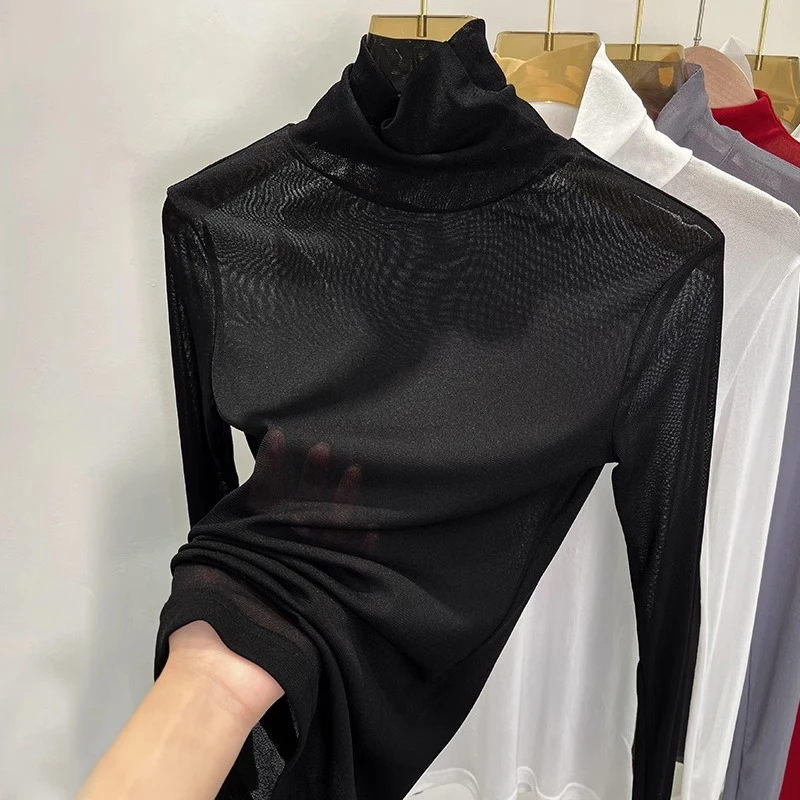 2025秋季内搭薄透网纱打底衫上衣女时尚小众修身高领长袖蕾丝衫