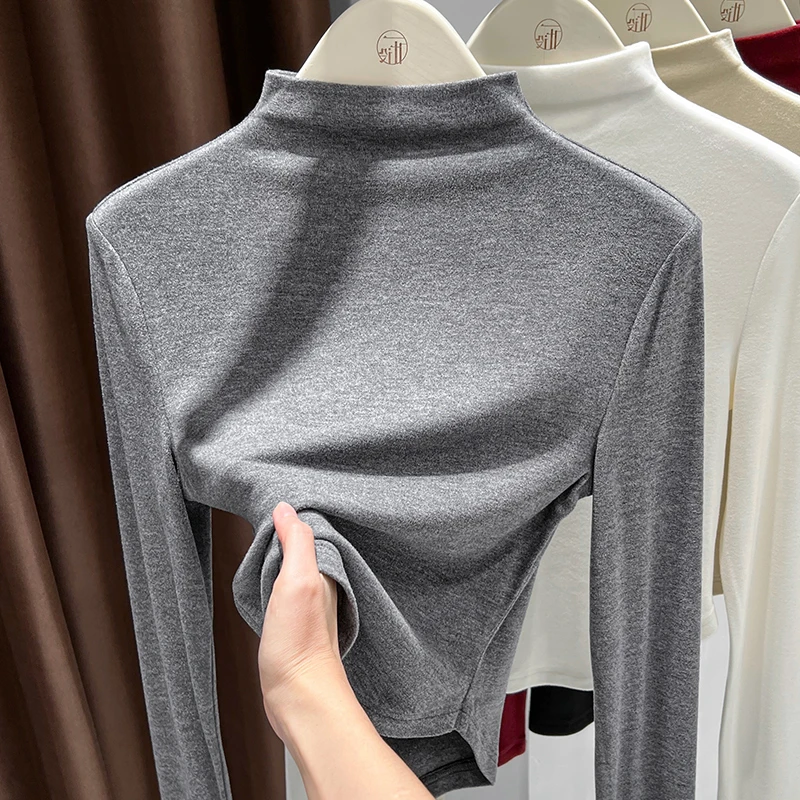 半高领灰色澳绒长袖短款打底衫上衣女秋冬2025年新款内搭修身小衫