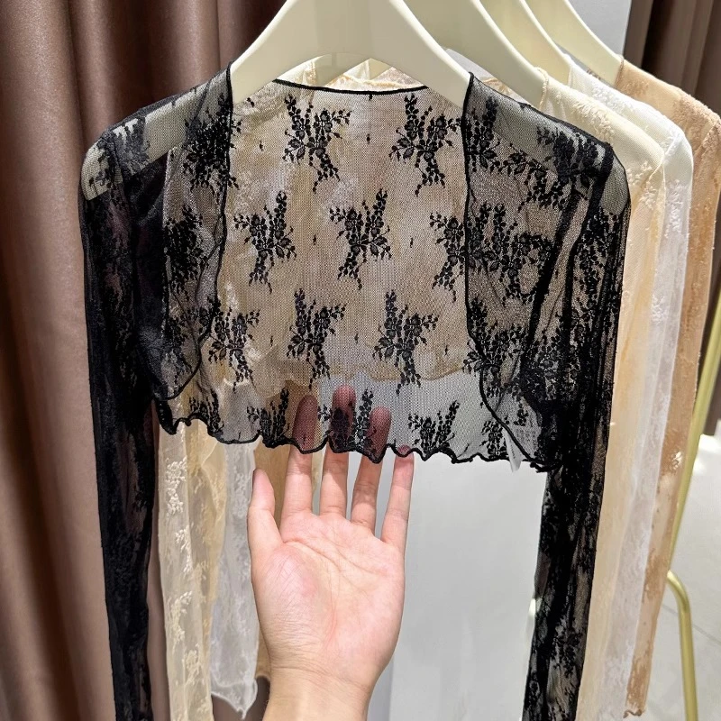 黑色蕾丝防晒开衫女夏季短款网纱披肩外搭配吊带裙短款罩衫小外套