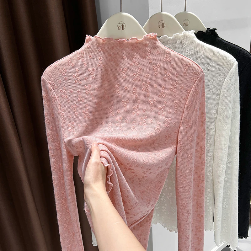 内搭粉色修身长袖打底衫上衣女秋冬新款半高领提花针织蕾丝衫小衫