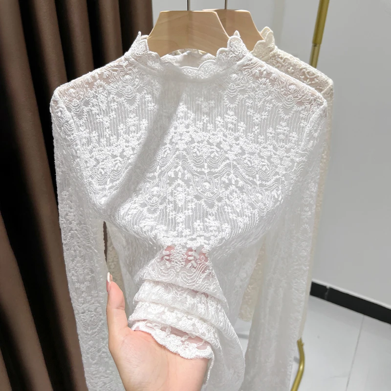 白色花边蕾丝立领打底衫女爆款2025新款秋冬内搭长袖修身洋气上衣
