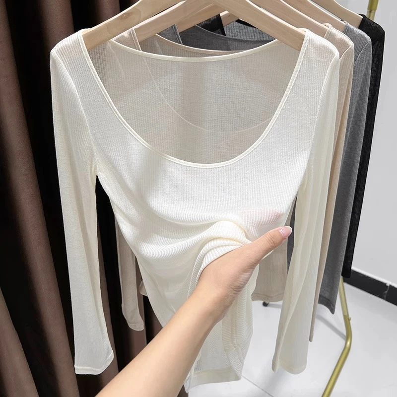 白色大领口打底衫女款爆款2025新款秋季圆领长袖高档修身内搭上衣