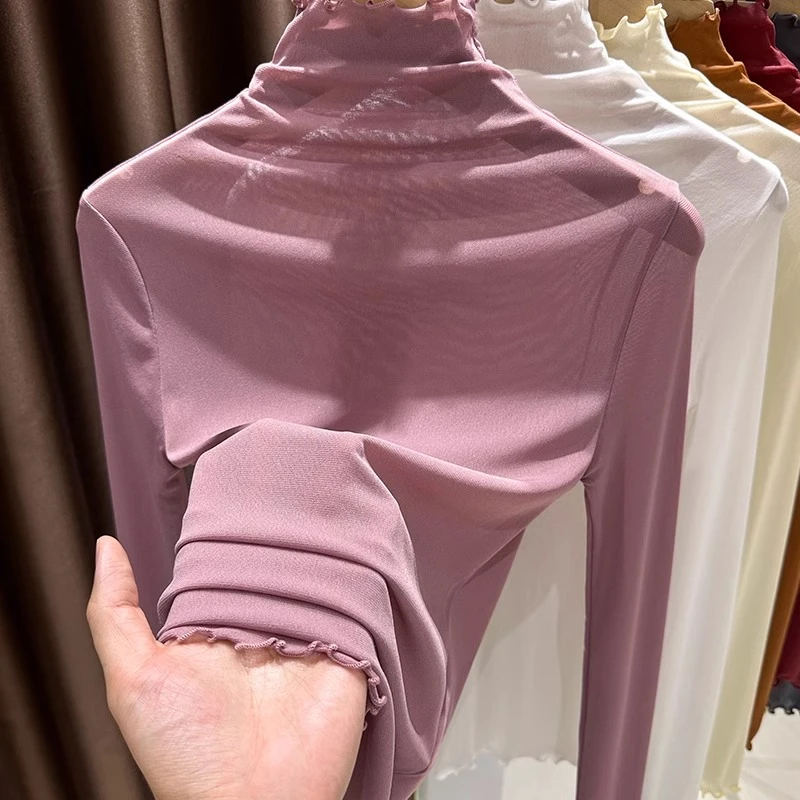 木耳边网纱打底衫女爆款2025新款秋季半高领蕾丝薄款透明内搭上衣