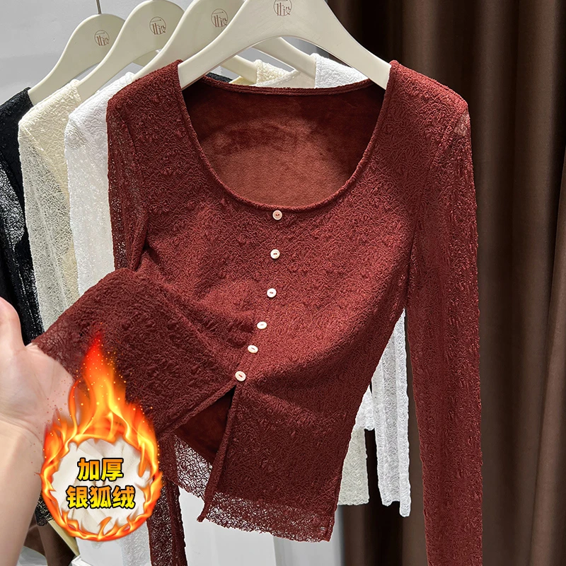 2025新款设计感镂空网纱上衣女红色秋冬季U领长袖打底加厚蕾丝衫