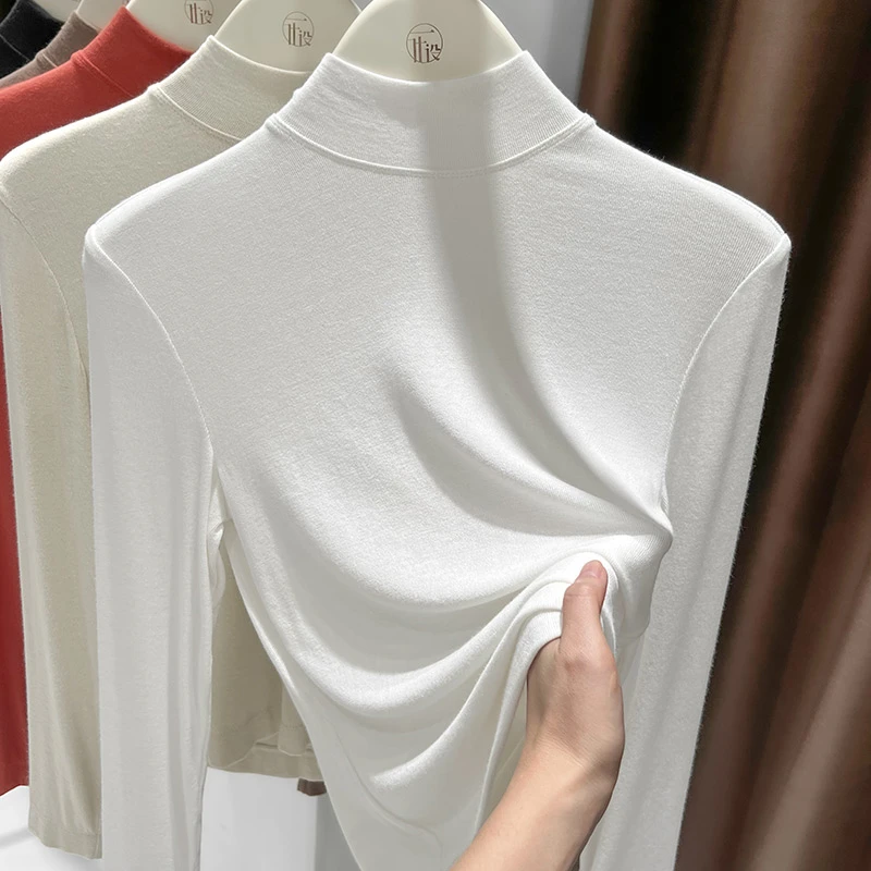 2025新款长袖薄款上衣女秋季内搭薄款半高领修身显瘦螺纹T恤小衫