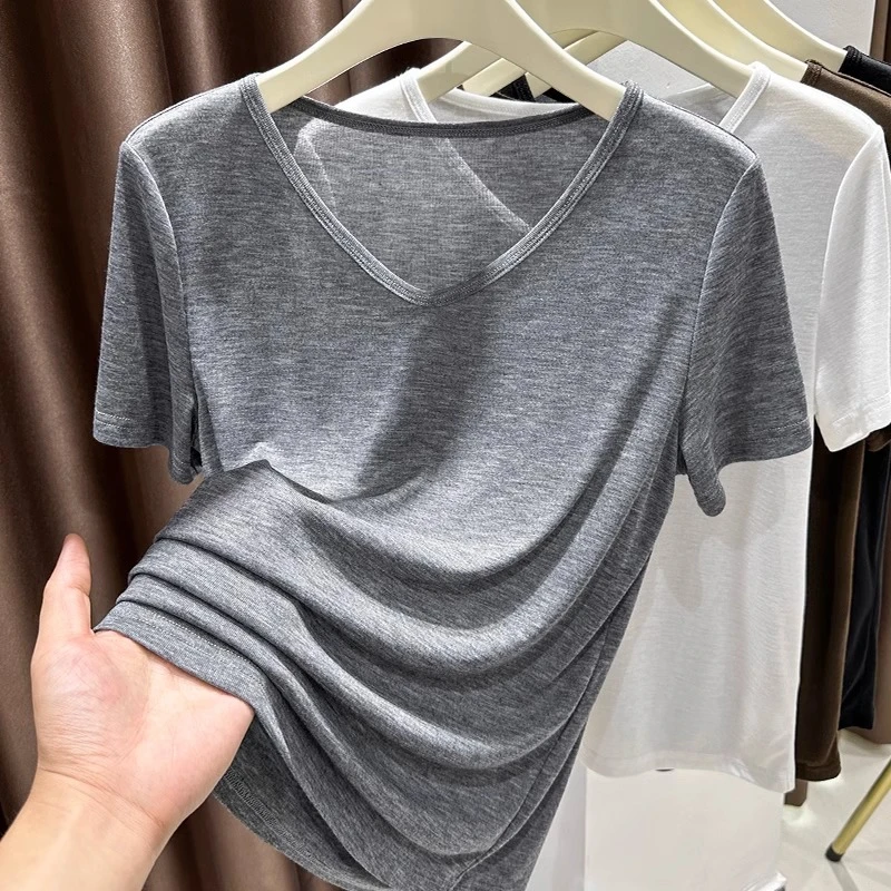 灰色V领短袖T恤女爆款2025新款夏季宽松显瘦正肩五分半袖薄款上衣