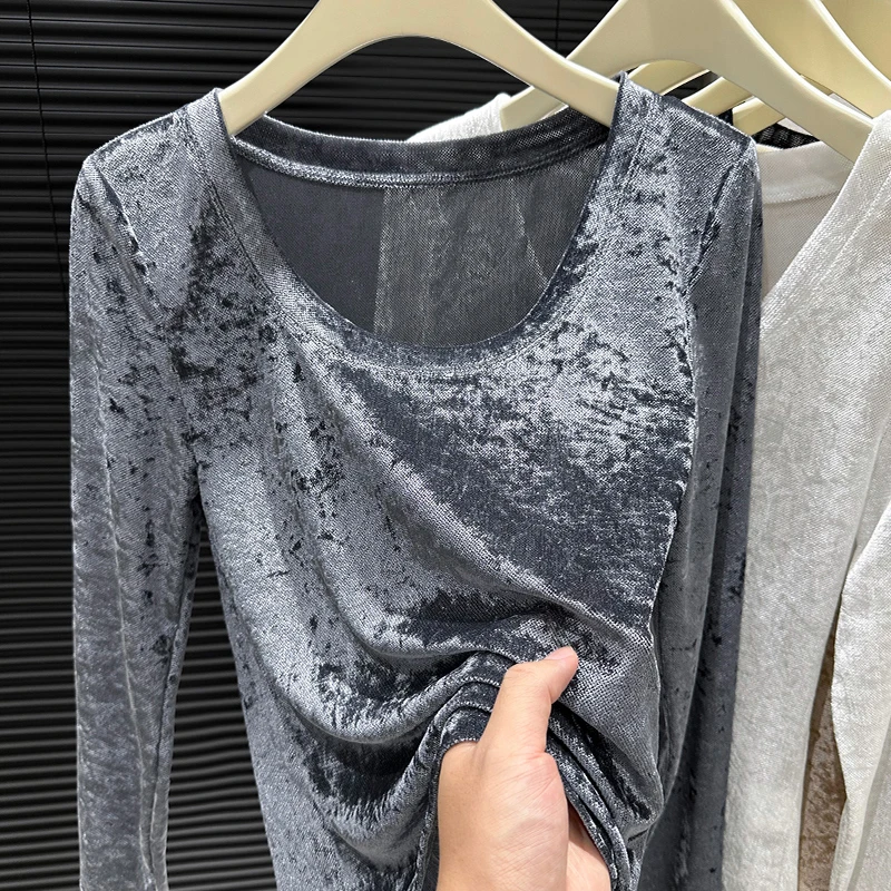 蓝色钻石毛轻奢小众圆领上衣女网纱秋季爆款设计感内搭长袖打底衫