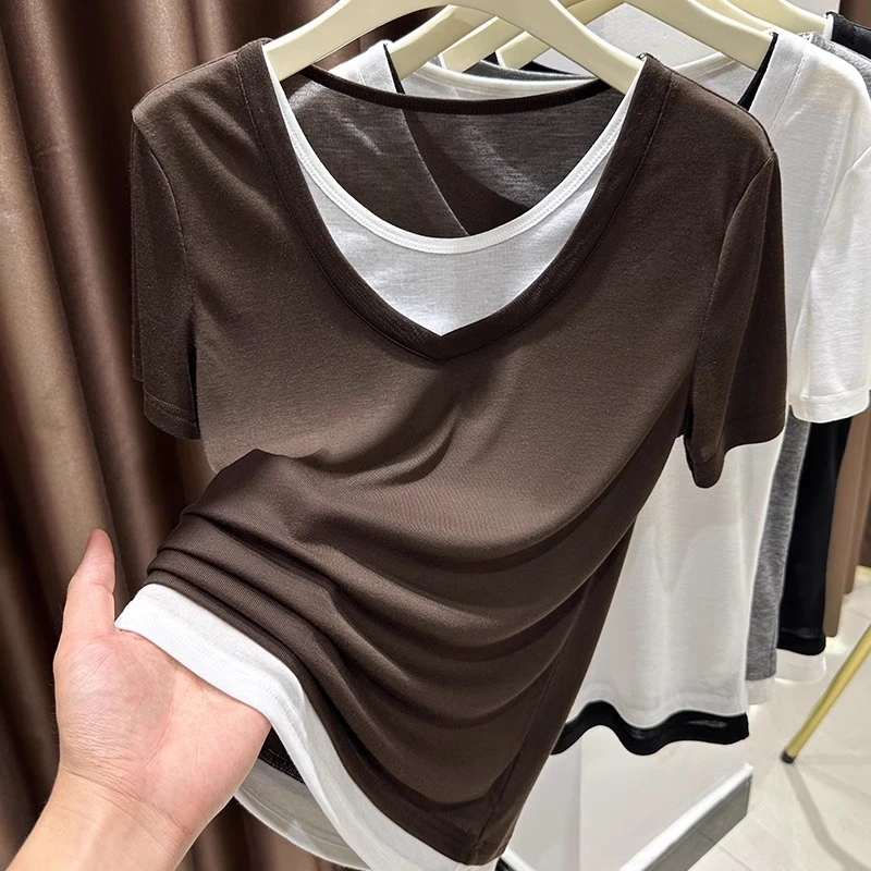 咖色假两件上衣女爆款2025新款夏季圆领双色拼接薄款内搭打底衫