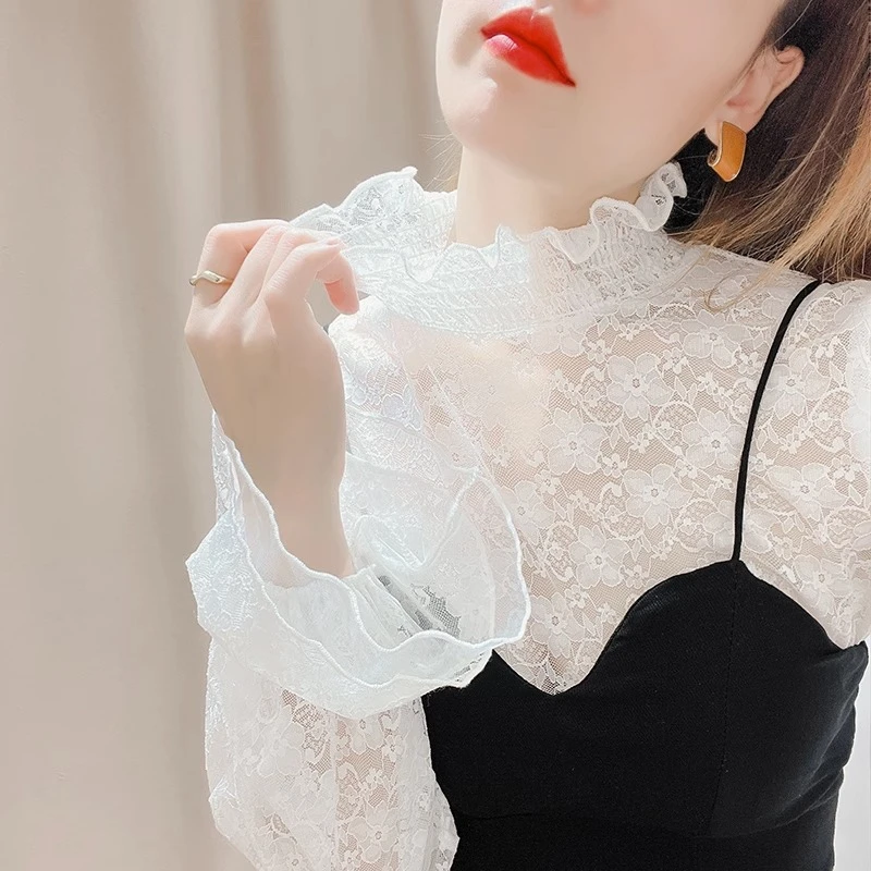 高领打底衫女爆款2025新款秋季吊带裙长袖内搭喇叭袖蕾丝修身上衣
