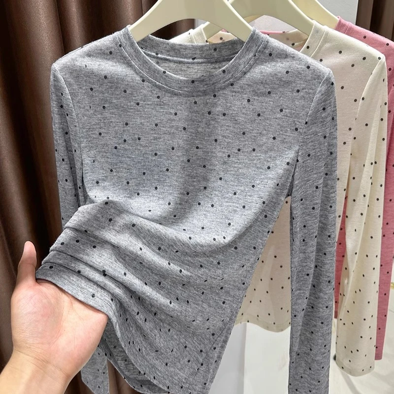 灰色面膜长袖T恤女夏季新款圆领波点印花上衣修身薄款内搭打底衫
