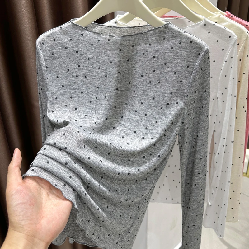 灰色波点T恤女爆款2025新款夏季长袖修身薄款内搭高档打底衫上衣
