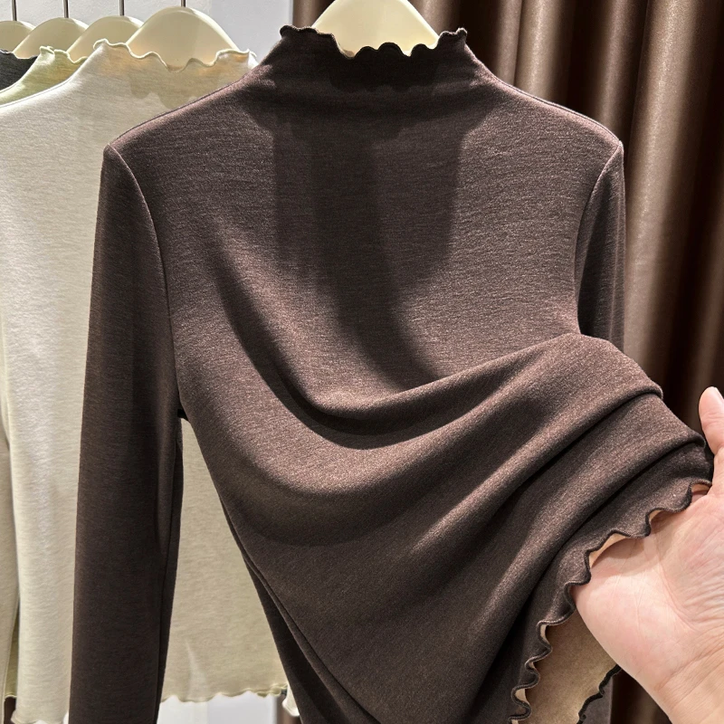 双面德绒打底衫女秋冬内搭2025新款木耳边半高领保暖加绒加厚上衣