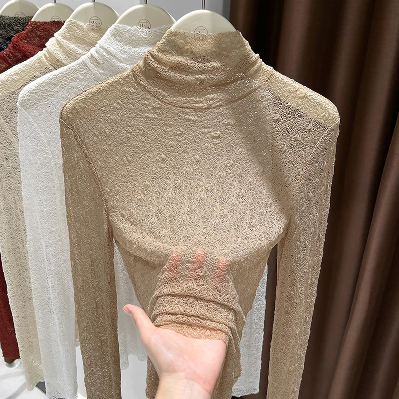 透视镂空蕾丝打底衫女2025秋季爆款纯色内搭堆堆领长袖网纱上衣
