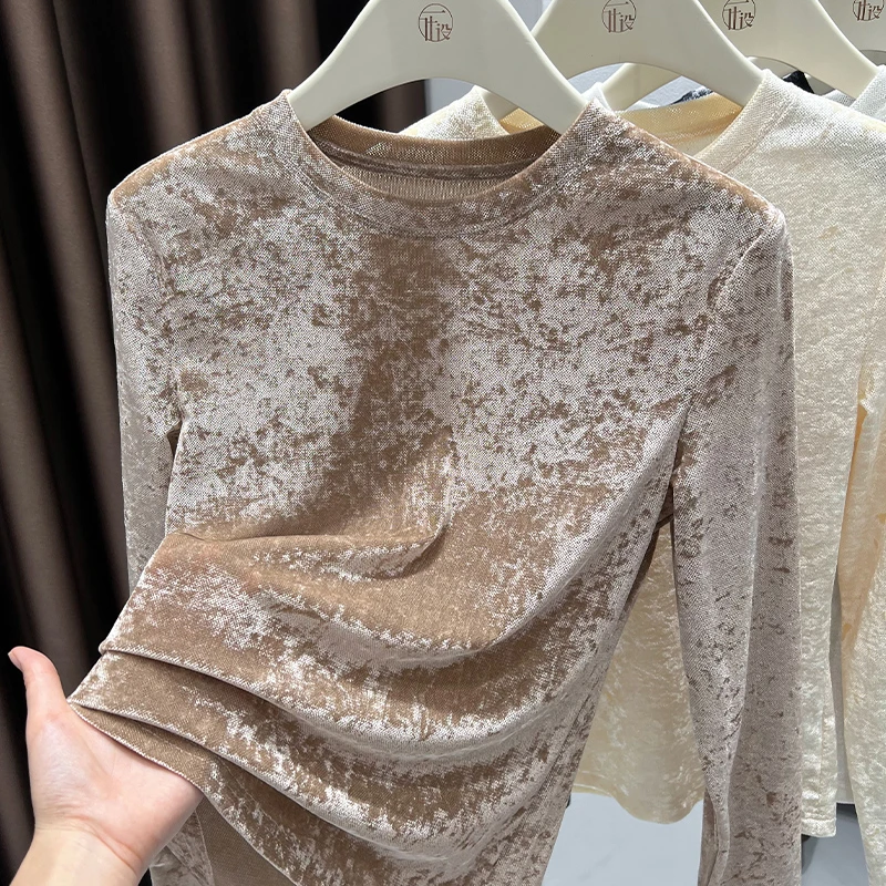 复古咖色圆领气质修身长袖打底衫秋季薄款百搭洋气纯色内搭上衣