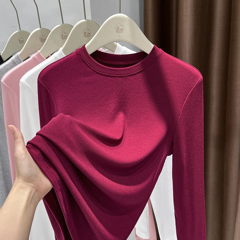 安可拉红针织圆领打底衫女爆款2024新款秋冬长袖T恤内搭修身上衣