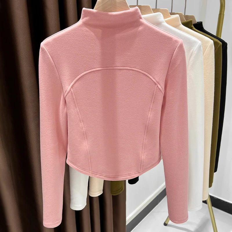 半高领双面磨毛德绒打底衫女2025秋冬粉色保暖长袖短款澳绒上衣