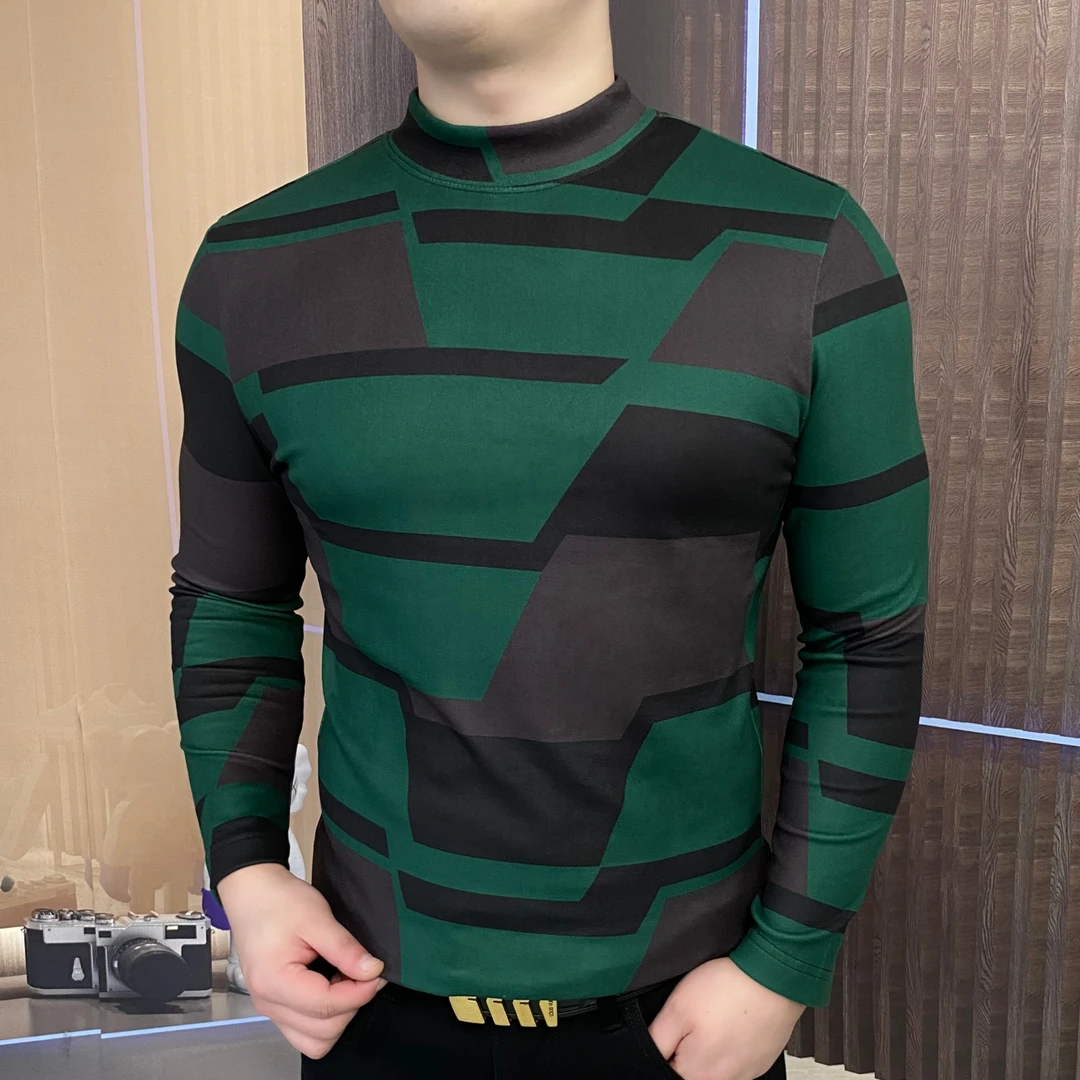 男士长袖德绒圆领时尚休闲潮流修身条纹打底衫百搭印花韩版秋冬