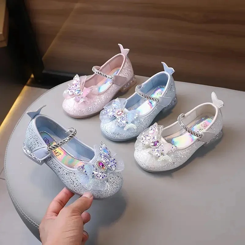 女童鞋子公主鞋大童春秋新款水晶亮钻高跟鞋软底爱莎女宝演出单鞋