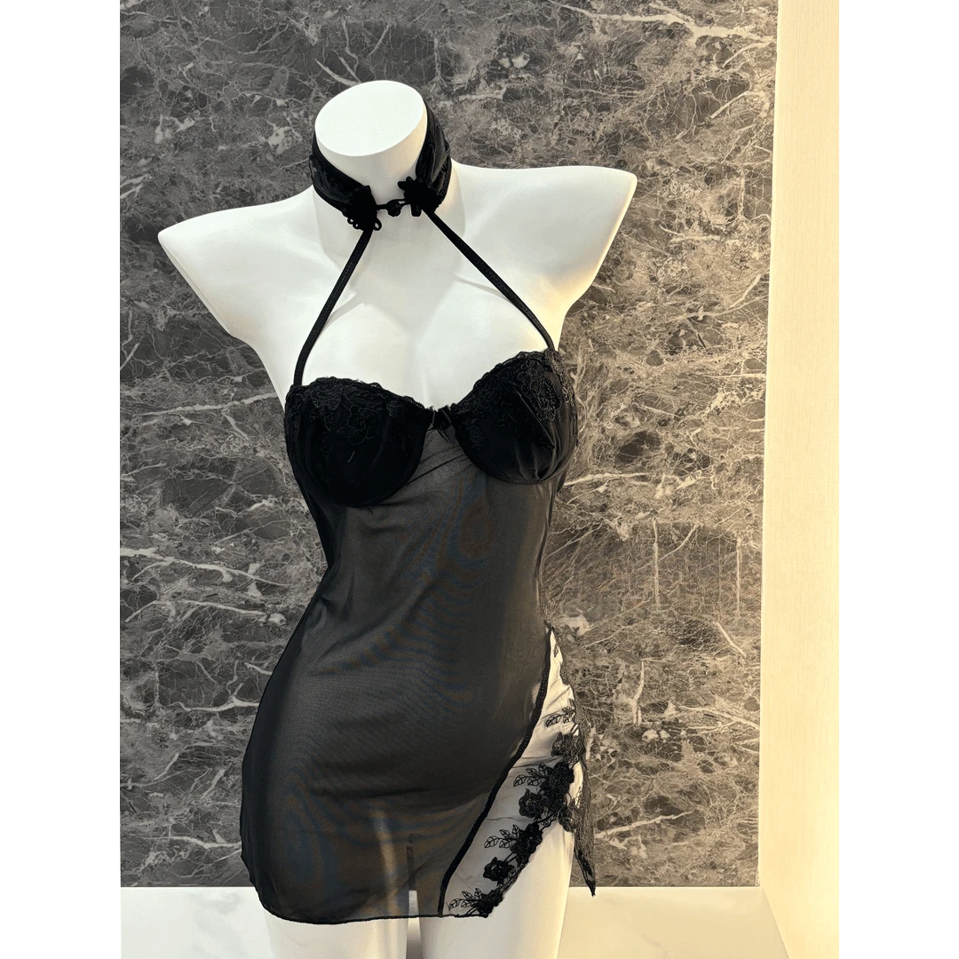 趣味网纱侧边高开叉透视新中式挂脖睡裙透气不规则